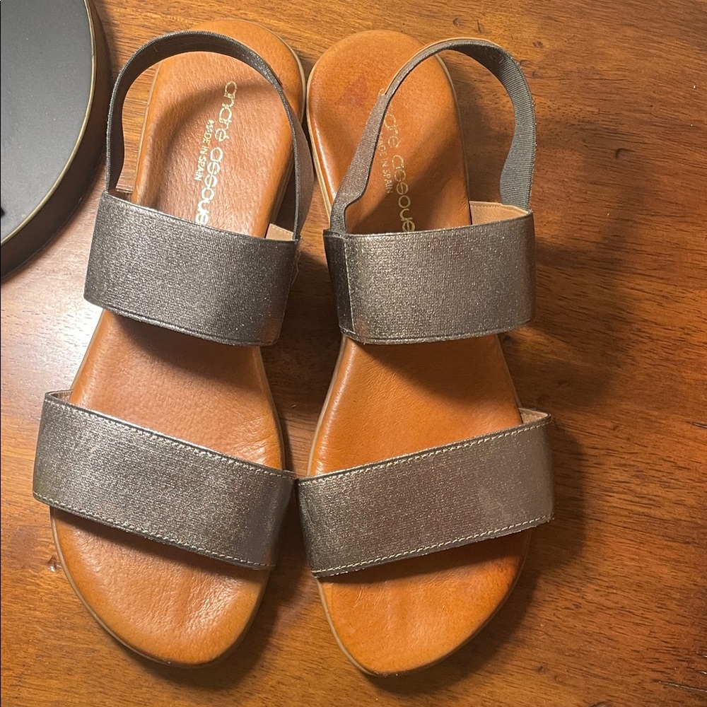 Andre Assous Metalic Leather Slingback Summer Sandals Flats EUC